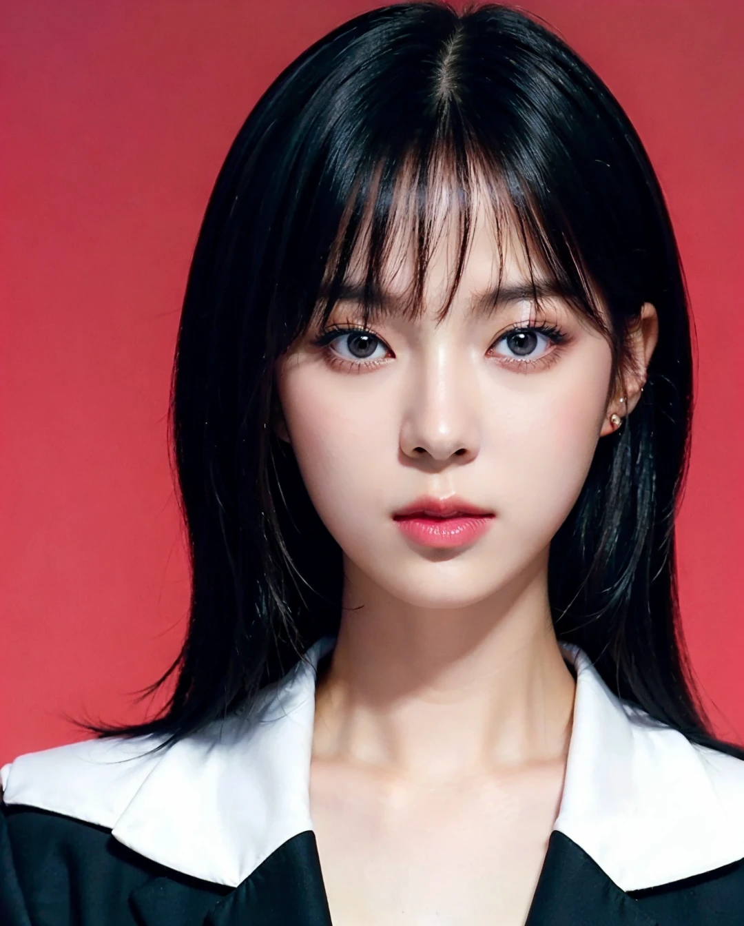 RAW, sharp focus, delicate, beautiful composition, best quality, (realistic), high quality, ultra detailed, (Real picture), (realistic skin), (intricate details), (latex skin:0.4), (detailed skin:1.3), (perfect glossy shiny skins:0.6), (beautiful eyes), round eyes, pretty face, Blushing face, glossy lips, high nose bridge, [:(detailed face:1.2):0.2], shiny eyes, instagram, (kpop idol, korean mixed), a face of perfect proportion, (high nose:0.7), realistic humid skin, red lips, Crimson (UA), (blue simple background, 8k uhd,high quality, film grain:1.7), photorealistic, (studio), (white blouse, black blazer:1.5), (lips, closed mouth, looking at viewer, 1girl eyes looking at viewer:1.6),  (pureerosface_v1:0.1), <lora:Winter Aespa:0.51>
