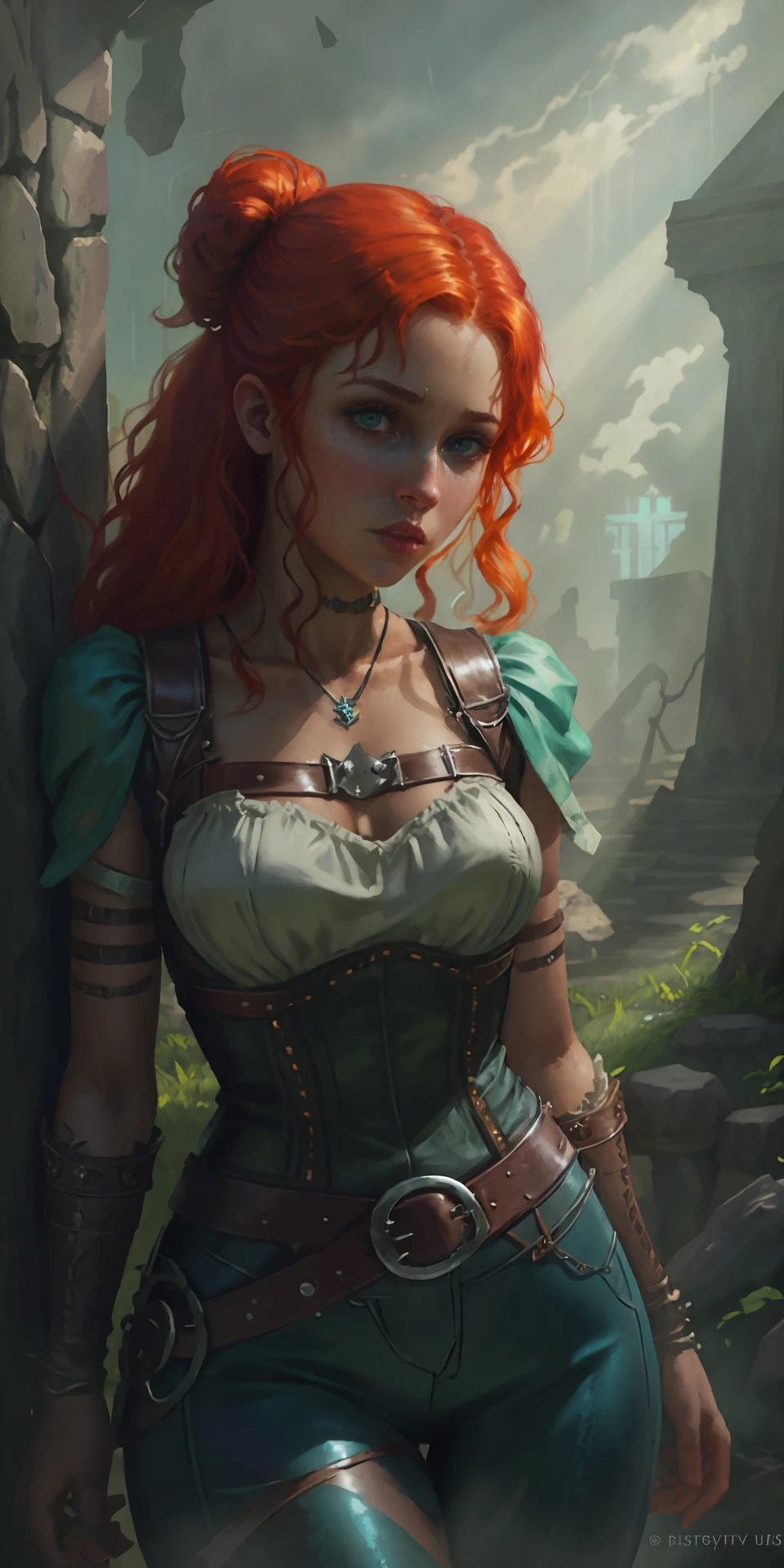 zrpgstyle, portrait beautiful girl solo alone medieval RPG character painting ginger hair upsweep updo swashbuckler rogue corset shirt teal (leather pants:1.1) (straps buckles:1.2) armor indoors overgrown (ancient ruins:1.2) (bright morning light:1.2) from the side (atmospheric volumetric fog:1.1)
(masterpiece:1.4) (illustration:1.2) (best quality:1.4) (8k) (HDR) (cinematic lighting) (sharp focus) (intricate) <lora:AZovyaRPGArtistToolsLORAV2art:0.7>