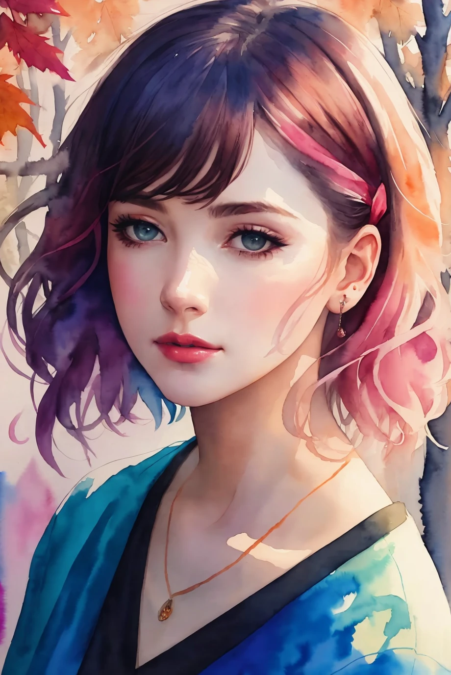 (8k, best quality, masterpiece:1.2),(best quality:1.0), (ultra highres:1.0), watercolor, a beautiful woman, shoulder, hair ribbons, by agnes cecile, half body portrait, extremely luminous bright design, pastel colors, (ink:1.3), autumn lights