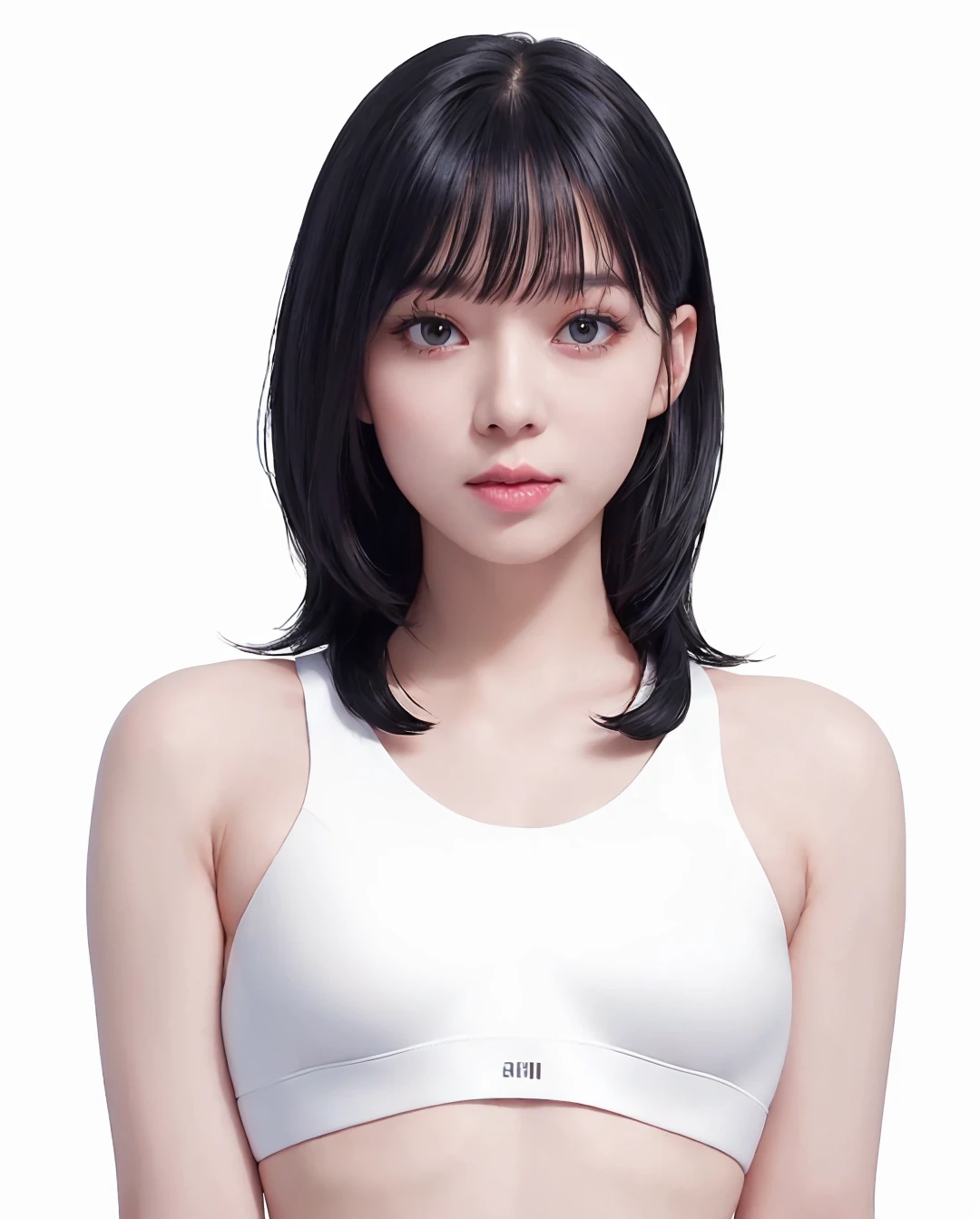 best quality, photorealistic, 8k, high res, 1girl, woman, (skindentation), (portrait:0.6), gorgeous, ((whitebackground, sport bra, small breast:1.76)), (medium wavy hair:1.6), looking at viewer, (1girl eyes looking at viewer:1.6), photorealistic, (bokeh), (floating hair, lips, closed mouth:1.43), gorgeous, pureerosface_v1:1, <lora:idol-Winter:0.46>