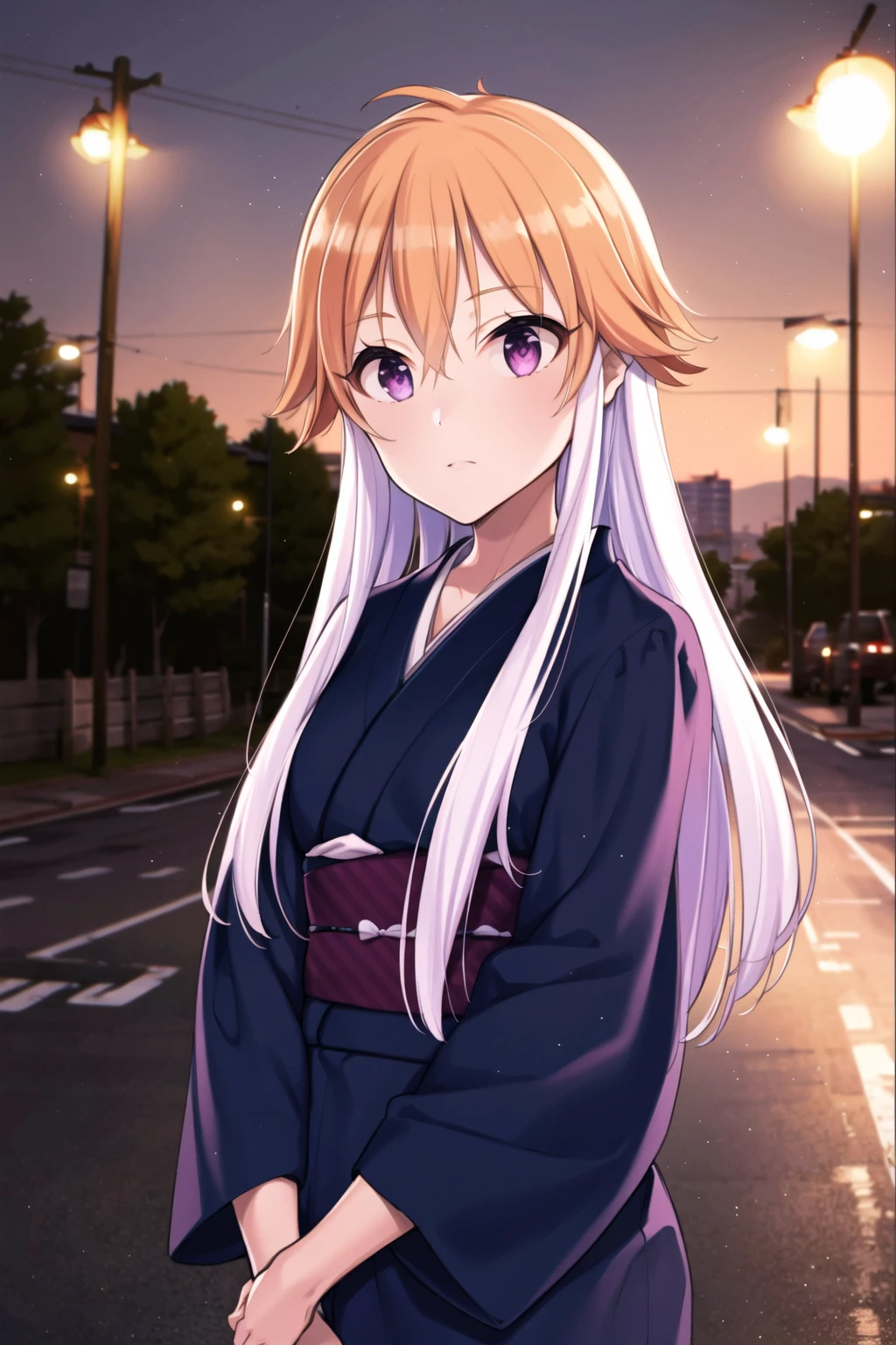 <lora:ninomiya asuka:0.5>,ninomiya asuka,
masterpiece,best quality,ultra-detailed,highres,
solo,1girl,
orange hair,long hair,bangs,white hair,purple eyes,kimono, cowboy shot, outdoors,