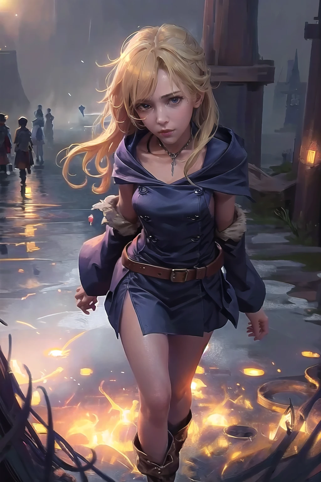 zrpgstyle medieval (pirate:1.2) blonde girl with navy blue coat belts straps pants standing on the docks in a (crowd of sailors working:1.1) leather and fur winter cold weather beautiful cloudy sky bright morning light foggy raining (masterpiece:1.2) (illustration:1.1) (best quality:1.2) (detailed) (intricate) (8k) (HDR) (wallpaper) (cinematic lighting) (sharp focus) <lora:AZovyaRPGArtistToolsLORAV2art:0.9>