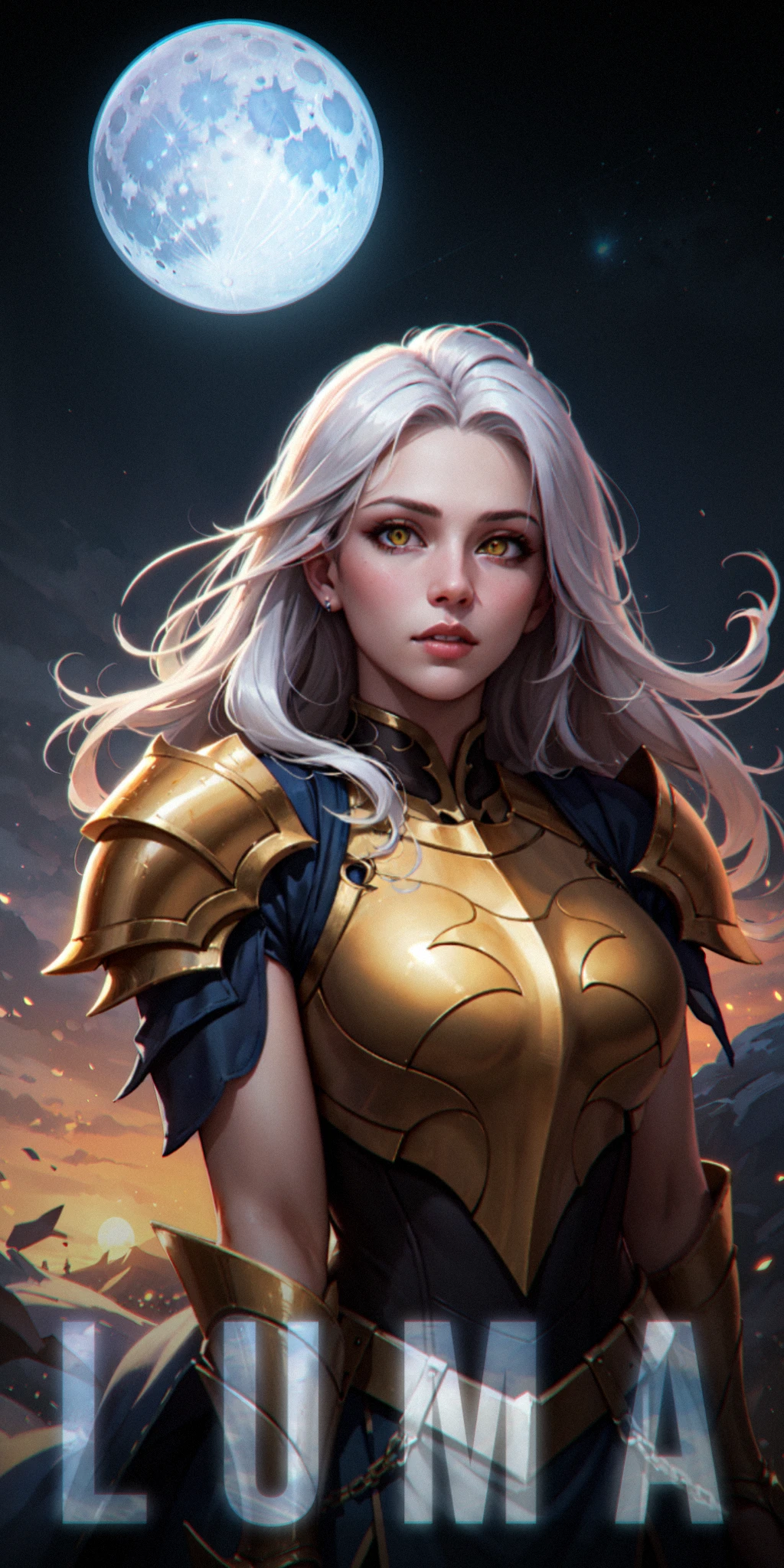 1girl, upper body of beautiful paladin in golden armor, moon on sky, looking up, windblown white hair, glowing yellow eyes, night, particles, volumetric lighting, best quality, masterpiece, very detailed, trending on Artstation, realistic