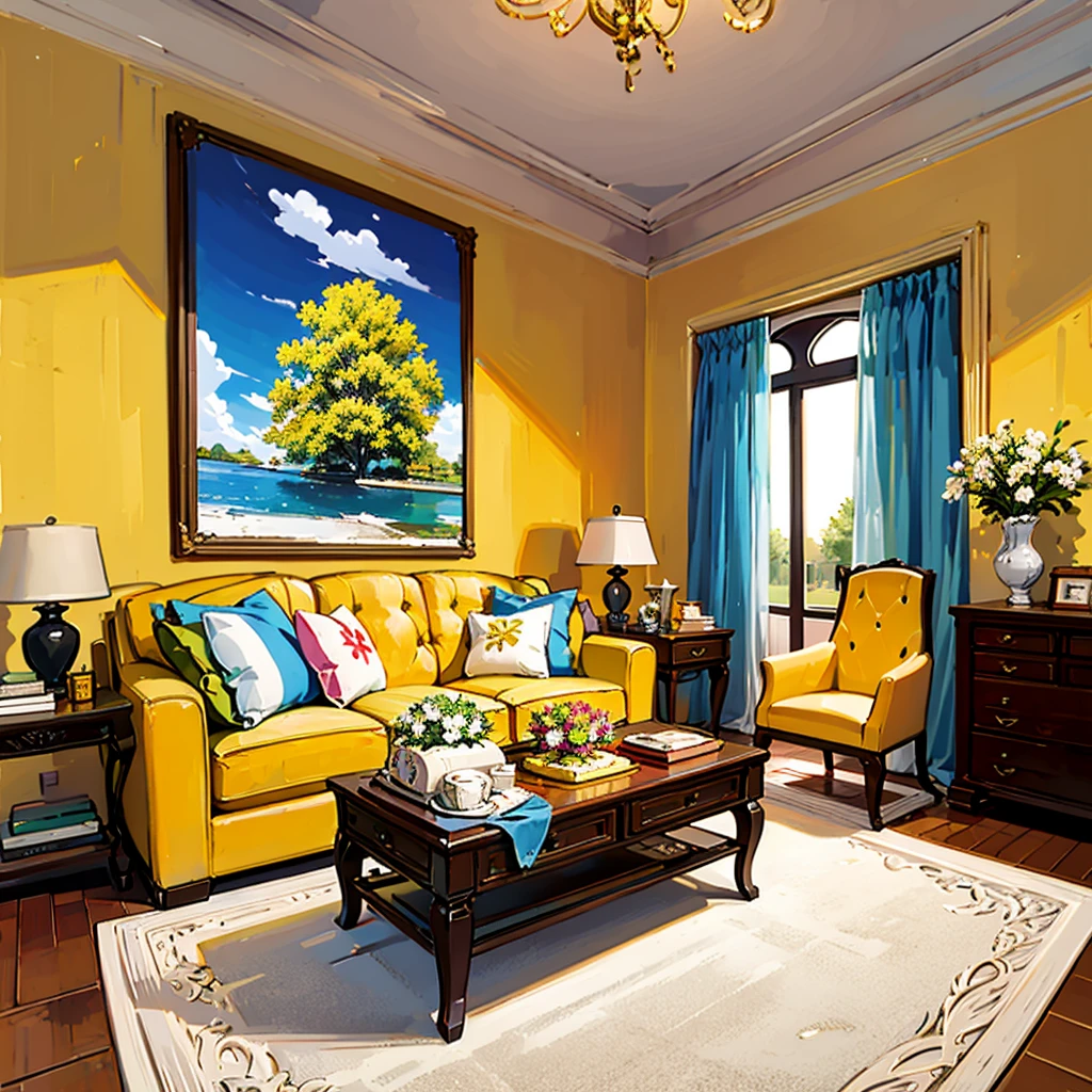 <lora:room:0.6>,room,flower,yellow wall,old fashion,yellow sofa