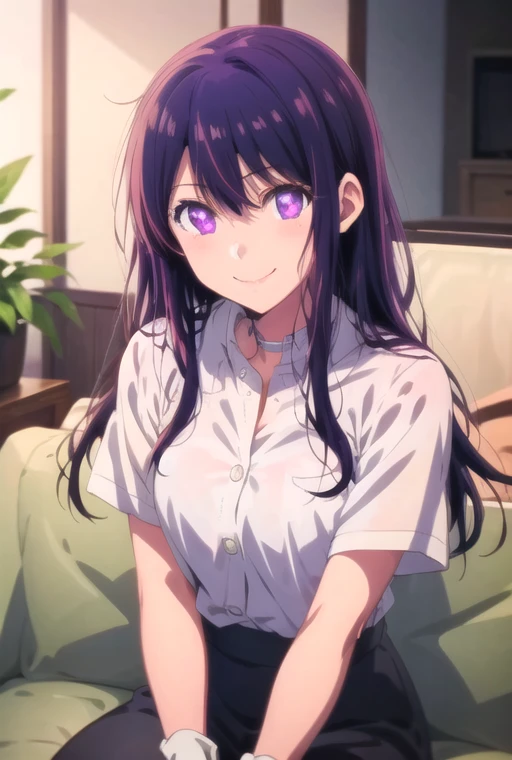 Ai Hoshino, purple eyes, black hair, very long hair, anime screencap, solo, 1girl, solo, smile, bright, suit, sitting on sofa, white gloves, white shirt, black jacket, upperbody, <lora:ai_hoshino_v2:0.5>, eyes, depth of field, <lora:kyoto animation_artstyle_LoCon:0.5>