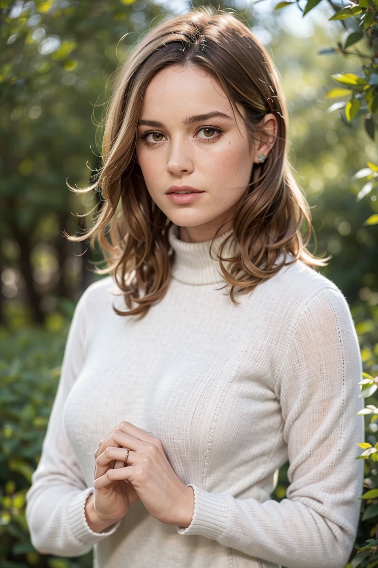 1girl,solo, parted lips, see-through,turtleneck,muscular ,forest,outdoors, own hands together, looking at viewer, realistic,bangs 
    <lora:BrieLarson23Apr512-640:0.6>