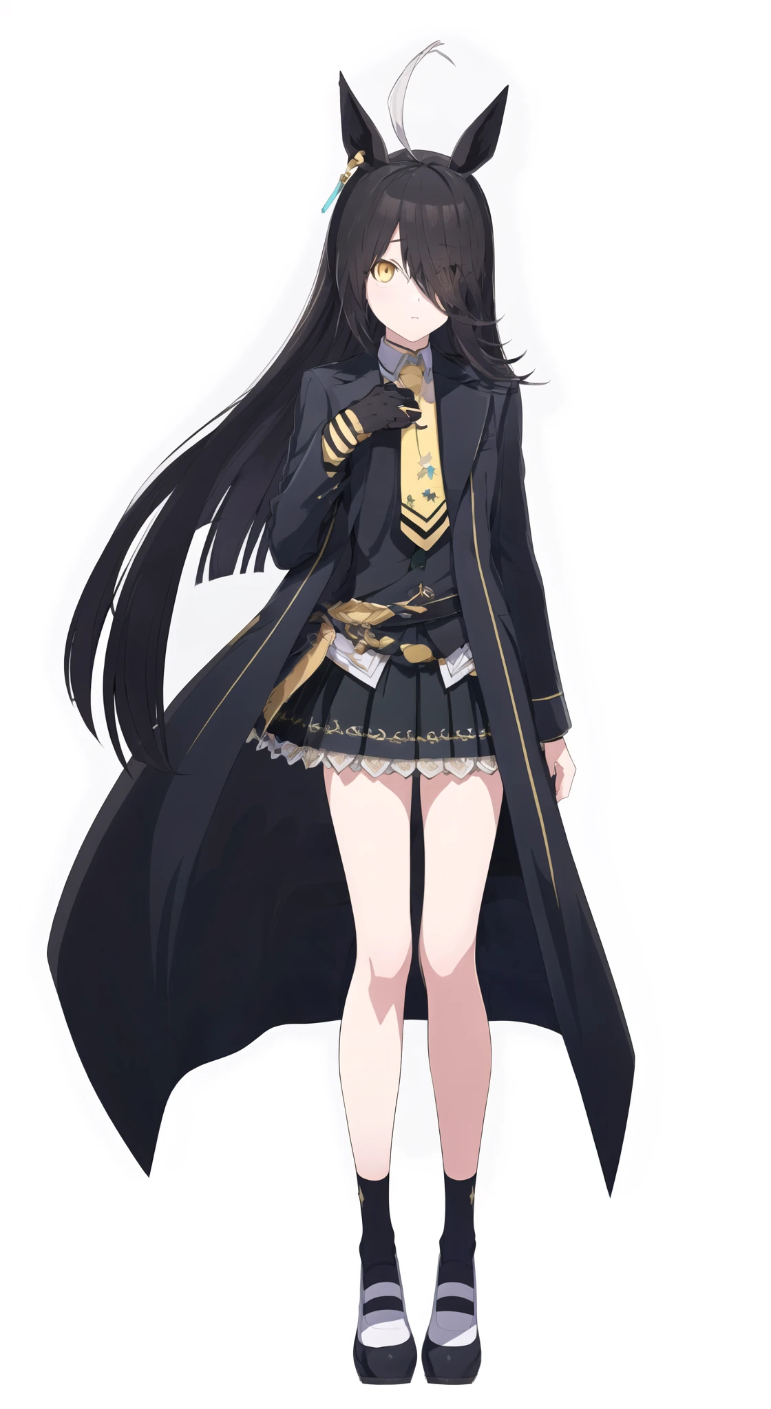 masterpiece,  best quality, <lora:[Fix]hipoly3DModelLora_v10:0.2>, <lora:BArtstyleV4A:0.8>, (1girl, solo:1.4), (simple background,white background, tachi-e, reference sheet,  :1.3), (straight-on:1.5), solo focus, looking at viewer, facing viewer, standing, cropped legs,
1girl, solo, <lora:[Chr]manhattanCafe_v10:0.8> ,manhattan cafe \(umamusume\),  black hair, yellow eyes,  black coat, long coat, necktie, black shirt, pleated skirt,