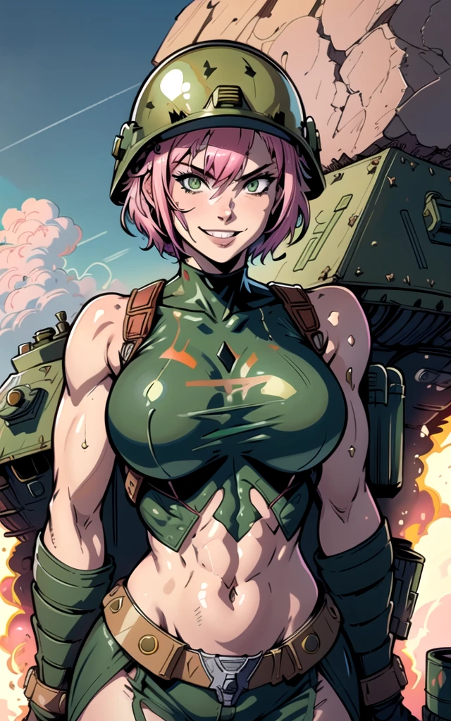 1girl, tank girl, (oversized army helmet:1.2), green eyes, military bodysuit, grin, female focus, muscular, slender waist, slender thighs, pink hair, big hips, very short hair, bandaid in face, dirty, tank, full color explosions, blue sky, solo, upper body, by j scott campbell, todd mcfarlane and jim lee