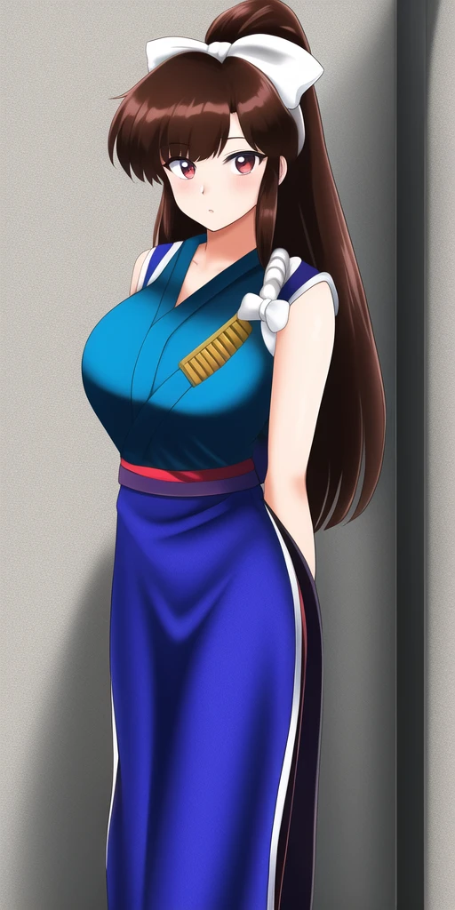 masterpiece, best_quality, highres, <lora:KuonjiUkyo:0.7>, KuonjiUkyo, large_breasts, solo, standing, arms_behind_back, hair_bow, brown_hair, UkyoOutfit