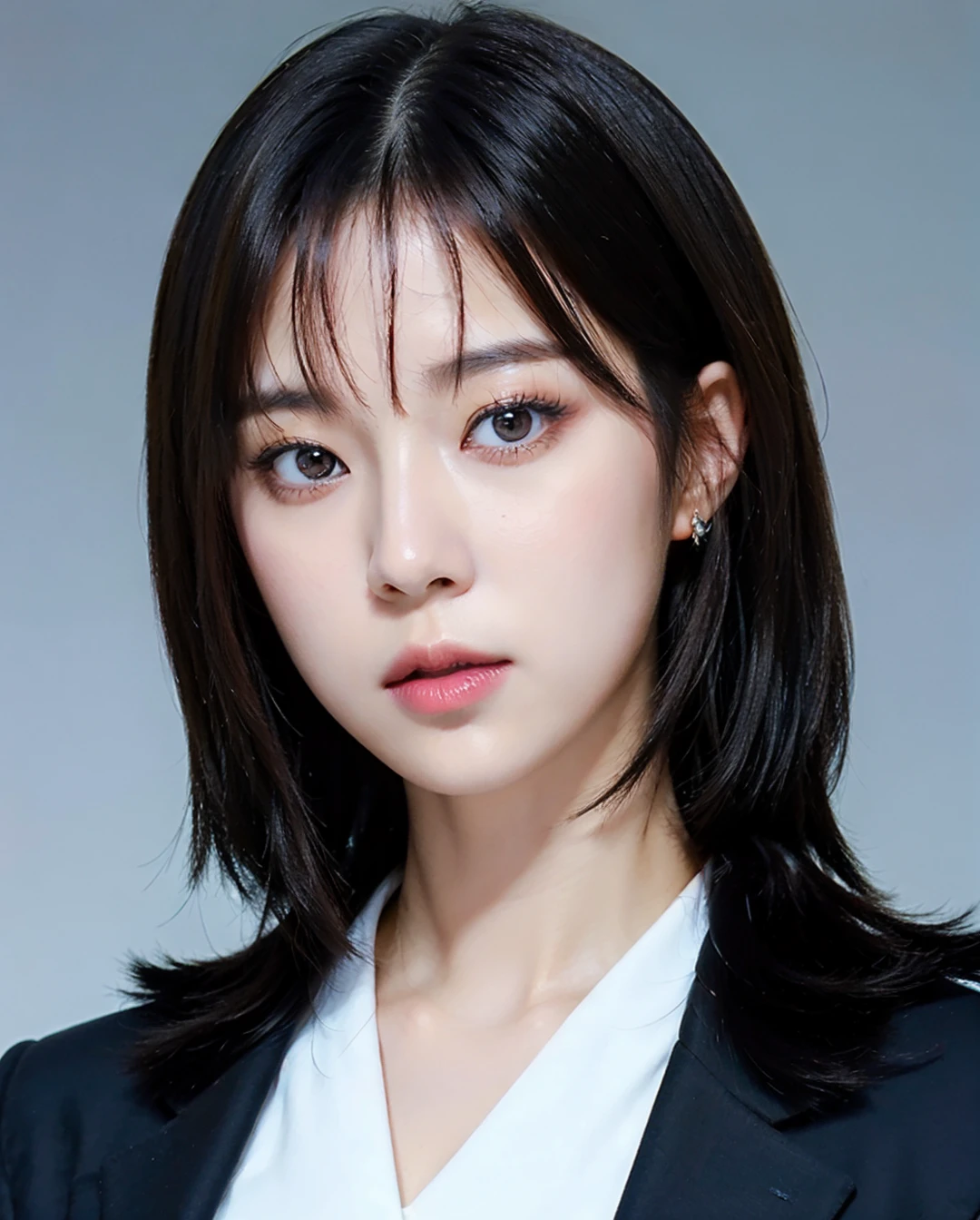 RAW, sharp focus, delicate, beautiful composition, best quality, (realistic), high quality, ultra detailed, (Real picture), (realistic skin), (intricate details), (latex skin:0.4), (detailed skin:1.3), (perfect glossy shiny skins:0.6), (beautiful eyes), round eyes, pretty face, Blushing face, glossy lips, high nose bridge, [:(detailed face:1.2):0.2], shiny eyes, instagram, (kpop idol, korean mixed), a face of perfect proportion, (high nose:0.7), realistic humid skin, red lips, Crimson (UA), (blue simple background, 8k uhd,high quality, film grain:1.7), photorealistic, (studio), (white blouse, black blazer:1.5), (lips, closed mouth, looking at viewer, 1girl eyes looking at viewer:1.6),  (pureerosface_v1:0.1), <lora:Winter Aespa:0.51>