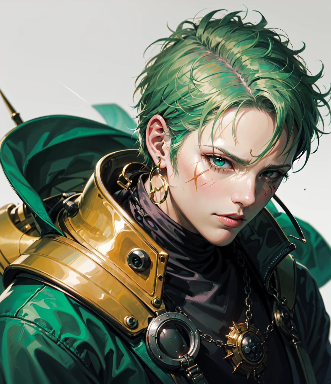 Roronoa Zoro, one piece anime, man, earrings, face, green_hair, jewelry, male_focus, outdoors, short_hair, symmetrical body, portrait, cinematic lighting, high contrast, artstation, character concept art, 8K , simple background, scar over one eye