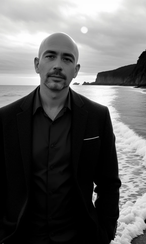 b&w photo of 42 y.o man in black clothes, bald, face, half body, body, high detailed skin, skin pores, coastline, overcast weather, wind, waves, 8k uhd, dslr, soft lighting, high quality, film grain, Fujifilm XT3, handsome