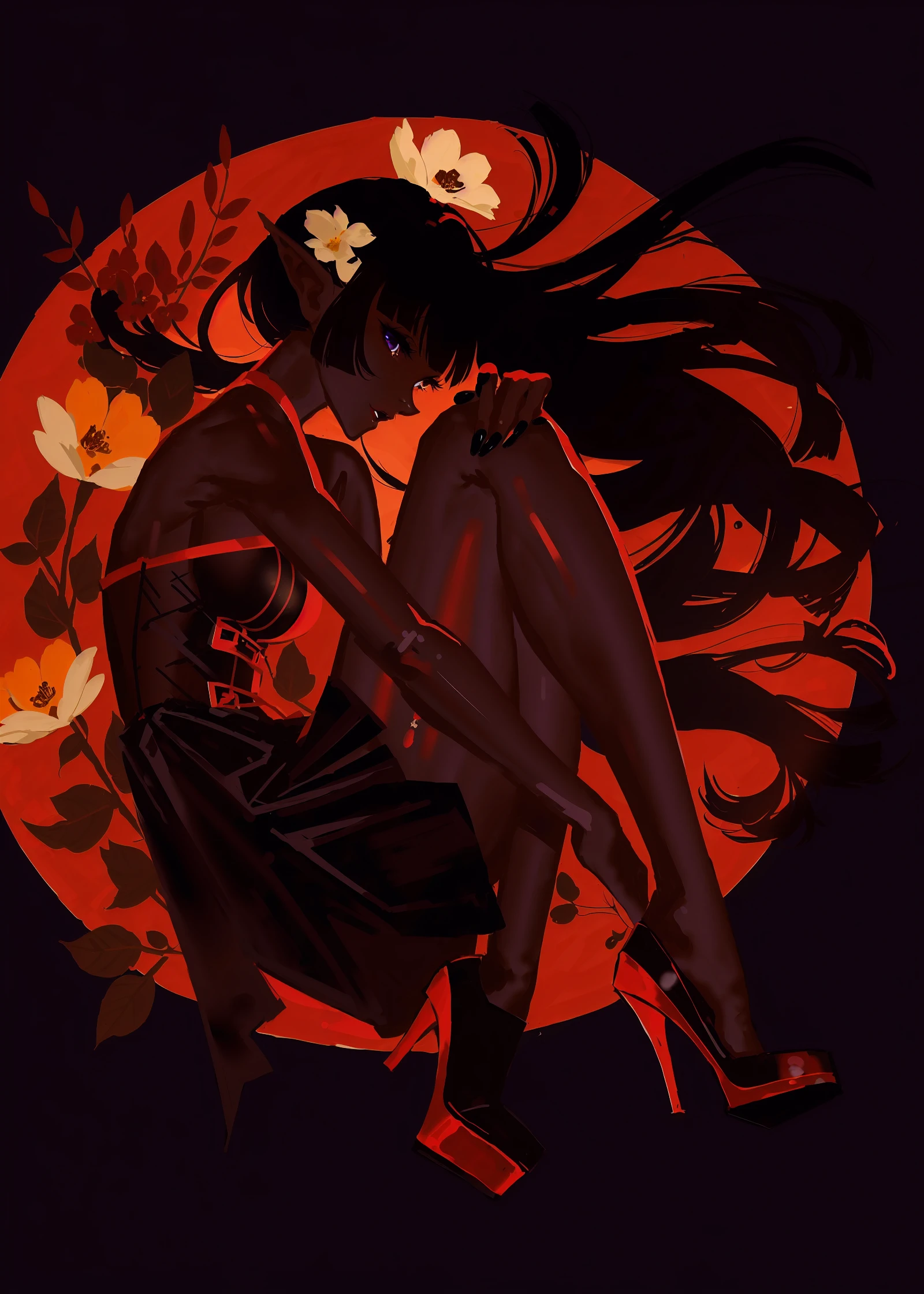 by yoneyama mai, 1girl, solo, long hair, pointy ears, flower, high heels, black hair, dress, profile, breasts, full body, fetal position, looking at viewer, black dress, black background, black nails, multicolored hair, bangs, dark skin, boots, purple eyes, from side, nail polish, dark-skinned female, clothing cutout, fingernails