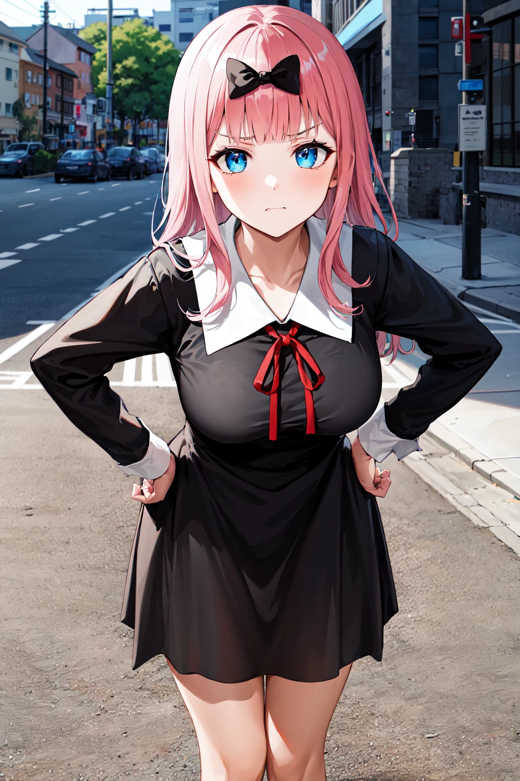 masterpiece, best quality, highres, chika1, fujiwara chika, school uniform, black bow, black dress, red ribbon, long sleeves, blunt bangs, neck ribbon, collared dress, large breasts,<lora:fujiwara_chika_v1:0.6>, cowboy shot, standing, street, frown, hand on hip, pointing, leaning forward,