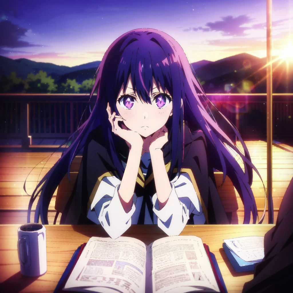 <lora:aiHoshinoLycorisOshiNoKo_v25:0.5>, ai hoshino, purple eyes, eyes, sunrise, hair blowing, tareme, magical school, film grain, looking at viewer, (solo:1.1), depth of field, cloak, cape, black cloak, scythe, <lora:kyotoAnimation_v10:0.6>, Kyoto Animation screencap, anime screencap, table, sitting on a chair, class, ((holding book:1)),