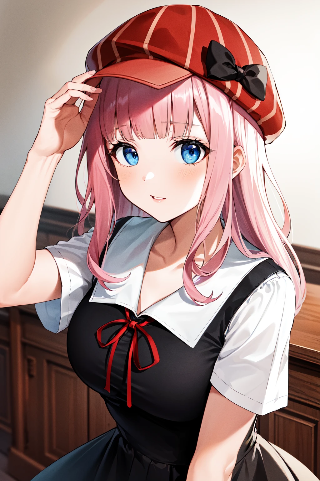 masterpiece, best quality, highres, chika1, fujiwara chika, school uniform, black bow,  black dress, breasts, red ribbon, short sleeves, white shirt, blunt bangs, neck ribbon, collarbone, collared dress, large breasts, headwear, hat bow, <lora:fujiwara_chika_v1:0.7>,