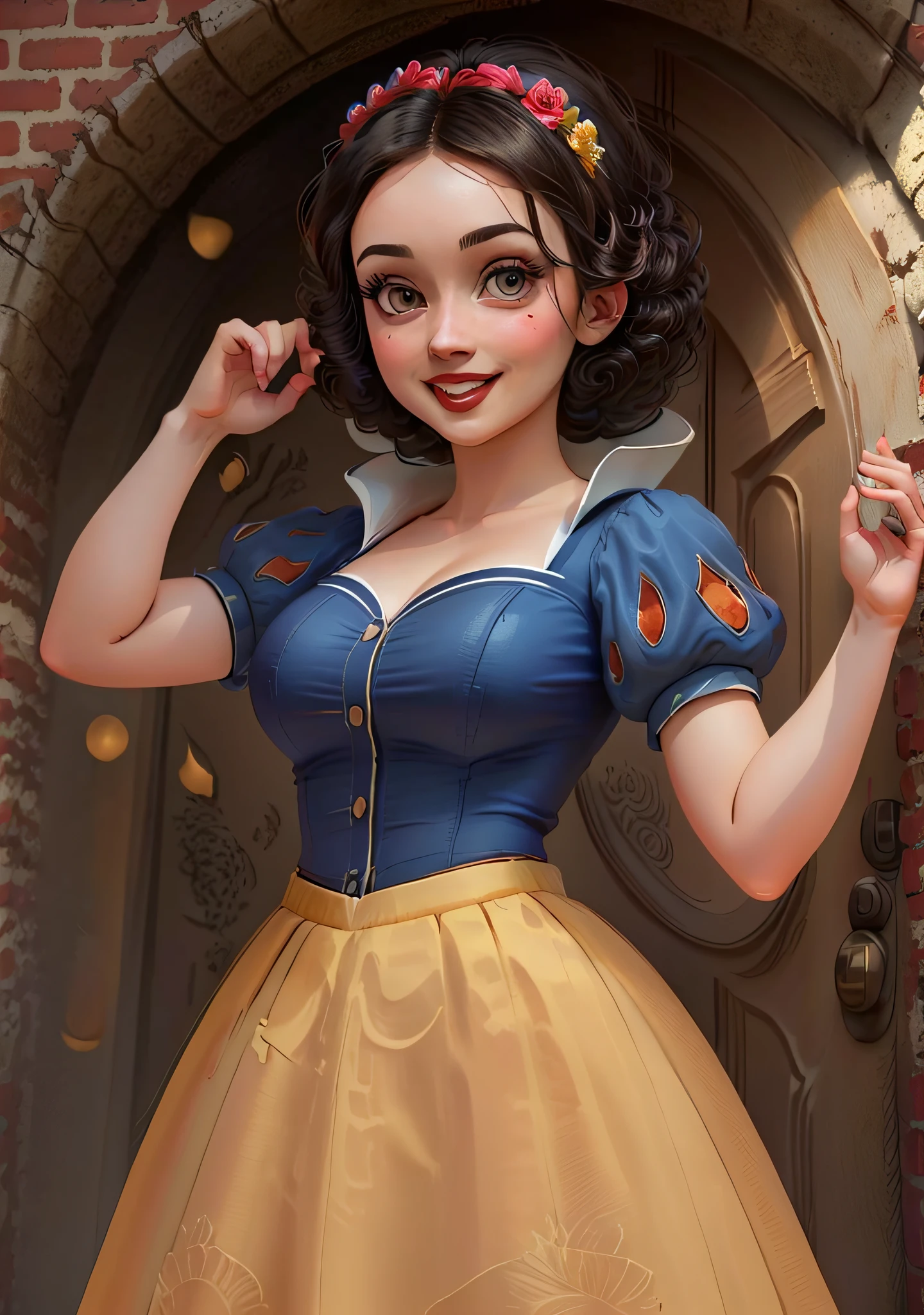 (SnowPrincessw:1), 1girl, smile, :D, sexy, looking at viewer, (dress, puffy short sleeves, skirt:1.2), from below, magic, (cute pose:1.2), (big breasts), curvy, big eyes, ((cute)), thick thighs,
(realistic:1.2), (realism), (masterpiece:1.2), (best quality), (ultra detailed), (8k, 4k, intricate),(full-body-shot:1),(Cowboy-shot:1.2), (85mm),light particles, lighting, (highly detailed:1.2),(detailed face:1.2), (gradients), sfw, colorful, (detailed eyes:1),
(detailed ladscape, castle, big door, bricks, flowers:1.2), (detailed background),detailed landscape, (dynamic angle:1.2), (dynamic pose:1.2), (rule of third_composition:1.3), (Line of action:1.2), wide shot, daylight, solo,
<lora:SnowWhite_character-20:0.7>