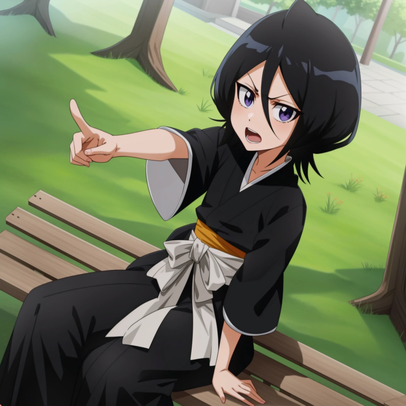 <lora:Rukia:1>,
,anime screencap, forest,path,
1girl, solo, short hair, black hair, purple eyes, japanese clothes, looking at viewer, black kimono, hair between eyes, cowboy shot, wide sleeves, hakama pants,white_sash,dutch angle, sitting on bench,open mouth, annoyed, pointing at viewer,