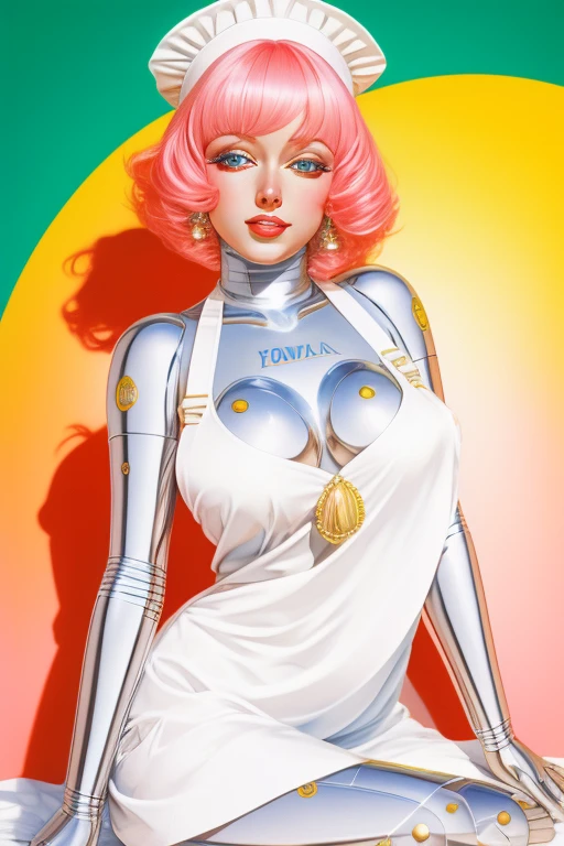 Sorayama Style, a closeup portrait of a playful maid, classic bob, apron, amazing body, pronounced feminine feature, busty, kitchen, [ash blonde | ginger | pink hair], freckles, flirting with camera
