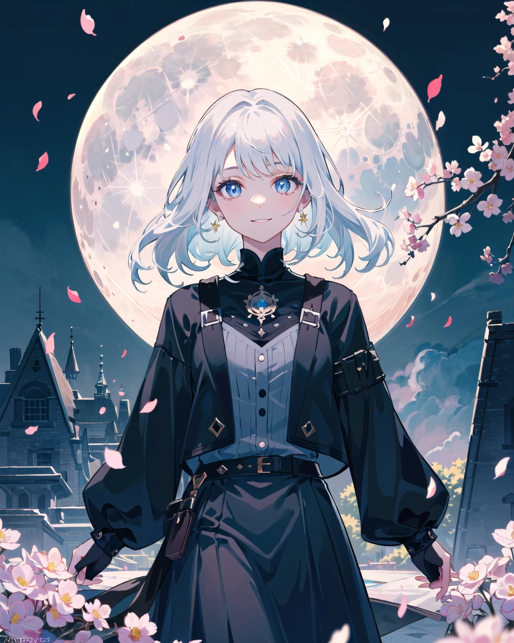 masterpiece, best quality, 1girl, (colorful),(finely detailed beautiful eyes and detailed face),cinematic lighting,bust shot,extremely detailed CG unity 8k wallpaper,white hair,solo,smile,intricate skirt,((flying petal)),(Flowery meadow) sky, cloudy_sky, building, moonlight, moon, night, (dark theme:1.3), light, fantasy,