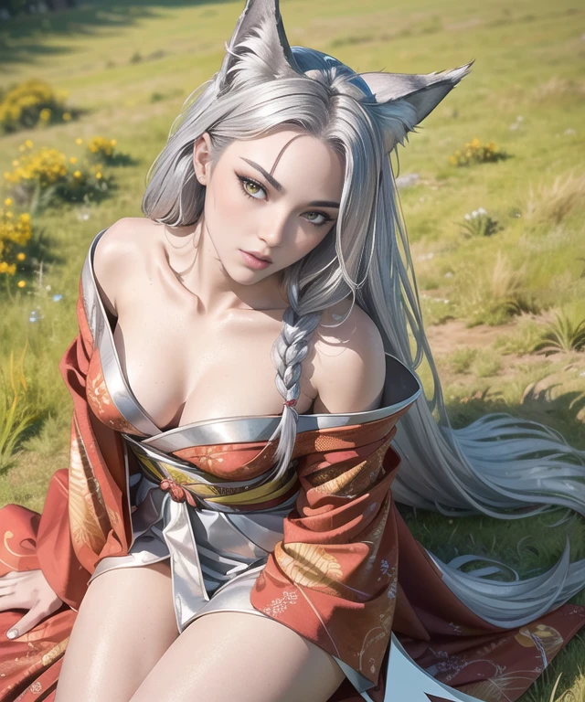 woman in her 20s, (perfect face), defined jawline, beautiful lips, (beautiful bright yellow eyes), (sexy), thick thighs, (long messy flowing silver iridescent hair), (wolf ears on top of head), (perfect hands), (red intricate kimono), (grass field background), lying on grass, (POV from above), (medium shot photograph), looking at viewer, photorealistic
