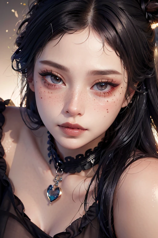 (masterpiece, best quality, photorealistic, absurdres, 8k:1.2), nsfw, best lighting, complex pupils, flawless face, detailed background, night,  pale skin,
1girl, solo, (close up, face focus:1.6), looking at viewer, [light smile], EGirlMakeup, gothic eye shadow, eye glitter, [[freckles]], eyelashes, eyeliner, black lips, matte lipstick, heart \(symble\) on face, shiny skin, very long hair, curly hair,
fringe skirt, chocker, see-through, <lora:coloredLipstickLoha_v420:0.5>, <lora:eGirlMakeup-10:1:LyCOFACE>