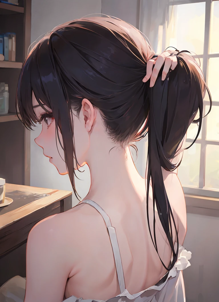 masterpiece,1girl, from back, long hair, nape, hair flip, hair lift , hair tucking ,bare shoulders,