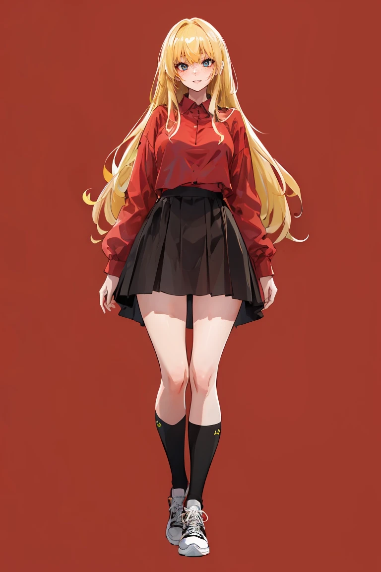 (best quality, masterpiece:1.2), detailed eye, intricate detail, depth of field, 1girl, happy, standing, full body,  (simple background:1.2), red shirt, skirt, kneehighs, sneakers, blonde, freckles, <lora:Squeezer:-2>