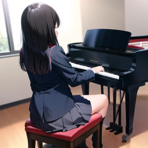 masterpiece, best quality, 1girl, school uniform, back, back focus, playing piano, full body, <lora:qqq-back-v1:0.7>