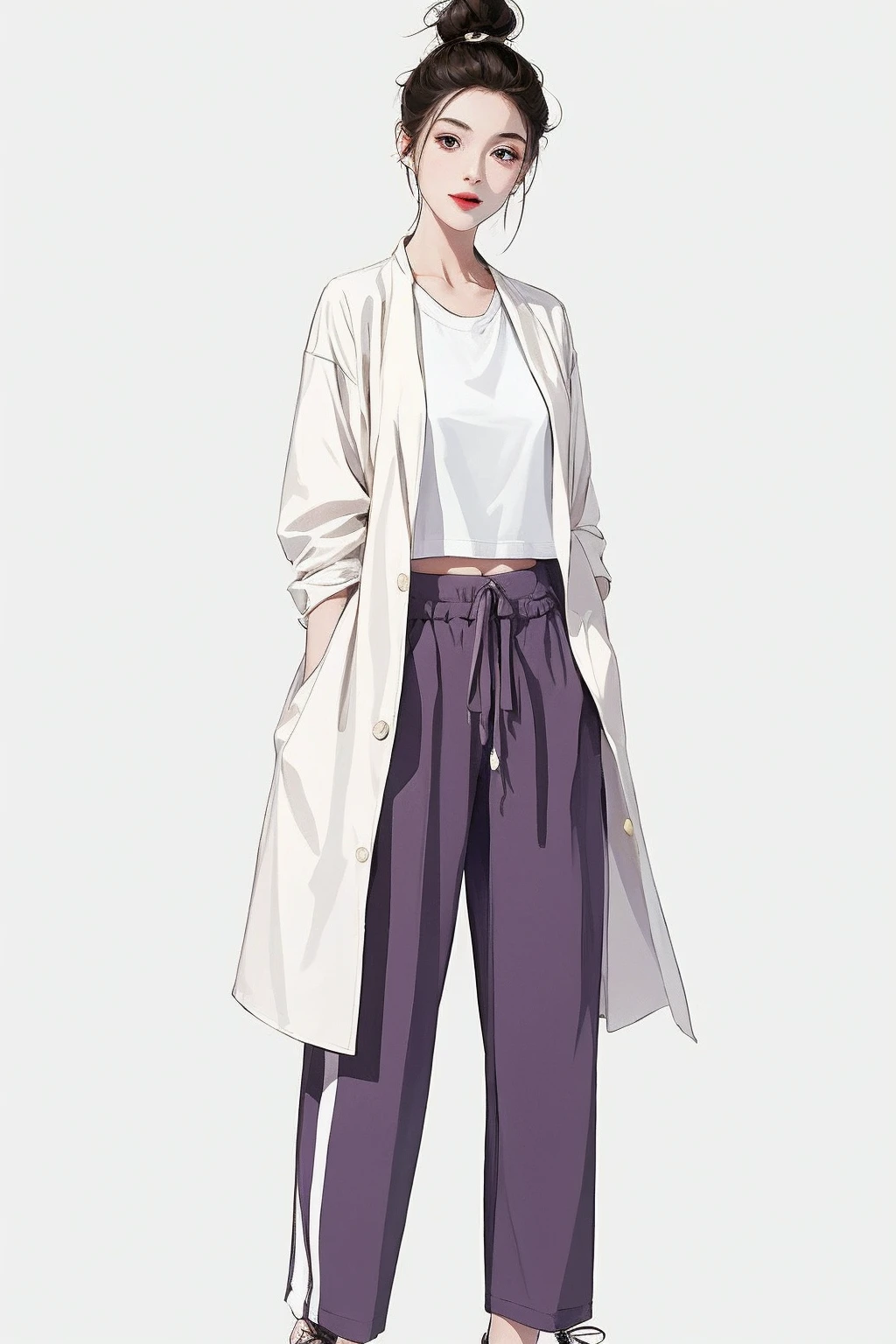 masterpiece, best quality, ((pure white background)), standing, black hair bun,cold face, full body, jacket, white T-shirt, casual pants, (Fashionable clothing), happy, light effect, soft, super clear, (front)