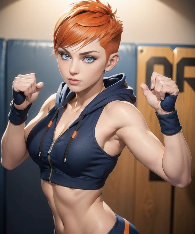 woman in her 20s, (perfect face), defined jawline, (beautiful lips), (beautiful bright blue eyes), (short spiky orange pixie haircut), (perfect anatomy), (athletic body), (sexy), (navy blue sleeveless hoodie), black baggy jogging pants, nose bandage, flexing biceps, (medium shot photograph), gym background, photorealistic