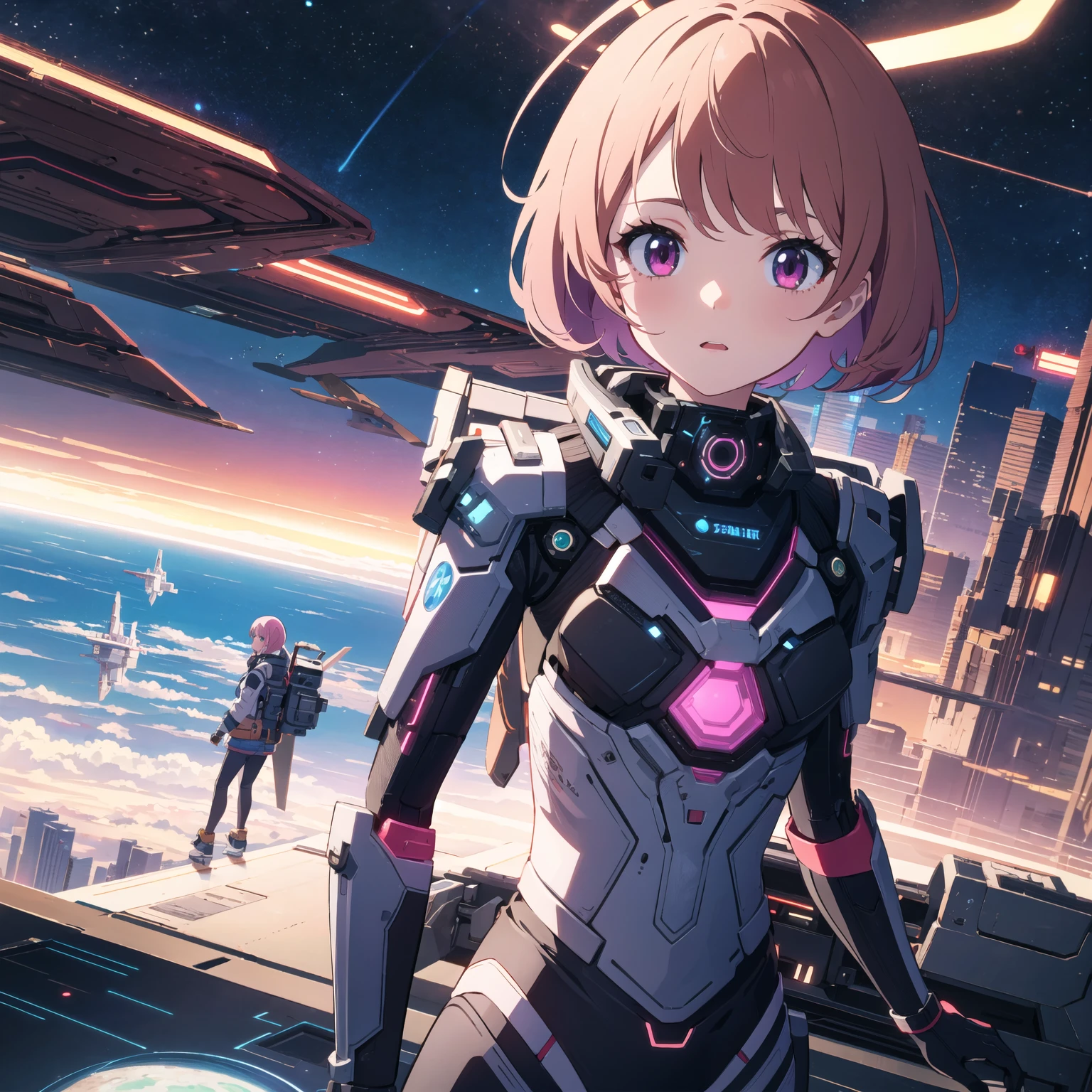 cyberpunk, best quality, extremely detailed, detailed background, anime, 1girl, young girl, short girl, scifi, spaceship, space