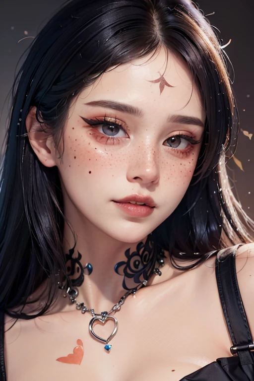 (masterpiece, best quality, photorealistic, absurdres, 8k:1.2), nsfw, best lighting, complex pupils, flawless face, detailed background, night,  pale skin,
1girl, solo, (close up, face focus:1.6), looking at viewer, [light smile], EGirlMakeup, gothic eye shadow, eye glitter, freckles, eyelashes, eyeliner, black lips, matte lipstick, heart \(symble\) on face, shiny skin, very long hair, curly hair,
fringe skirt, chocker, see-through, <lora:coloredLipstickLoha_v420:0.5>, <lora:eGirlMakeup-10:1:LyCOFACE>