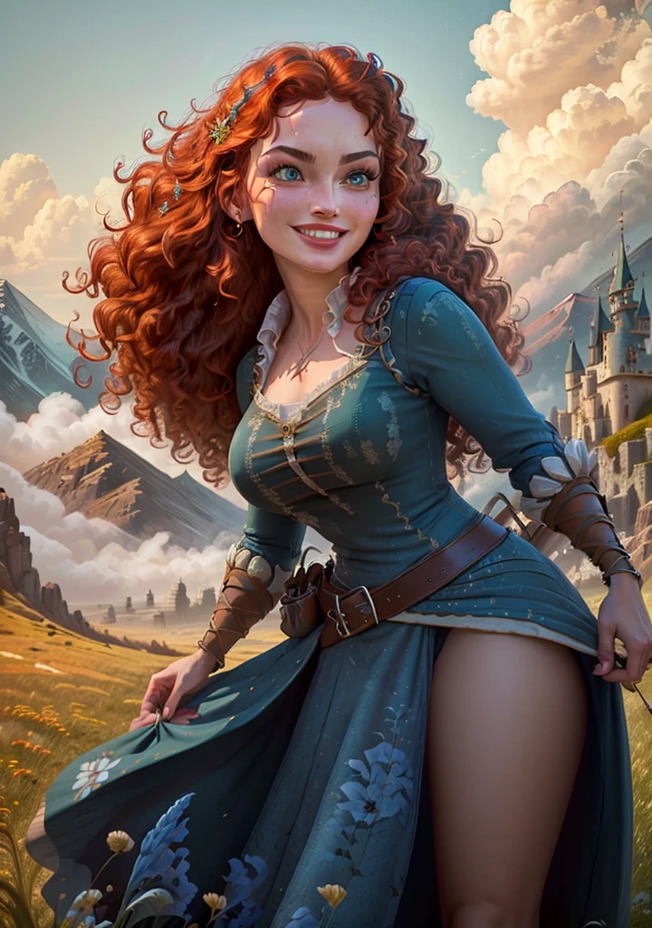 (MeridaWaifu:1), 1girl, smile, :D, sexy, looking at viewer, (dress:1.2), from below, magic, (fight pose:1.2), (big breasts), curvy, holding bow,

(realistic:1.2), (realism), (masterpiece:1.2), (best quality), (ultra detailed), (8k, 4k, intricate),(full-body-shot:1),(Cowboy-shot:1.2), (85mm),light particles, lighting, (highly detailed:1.2),(detailed face:1.2), (gradients), sfw, colorful, (detailed eyes:1),

(detailed ladscape, castle, fild, grass, mountains, flowers, arrows:1.2), (sky, clouds:1.2),(detailed background),detailed landscape, (dynamic angle:1.2), (dynamic pose:1.2), (rule of third_composition:1.3), (Line of action:1.2), wide shot, daylight, solo,

 <lora:MeridaBrave_character-20:0.6>