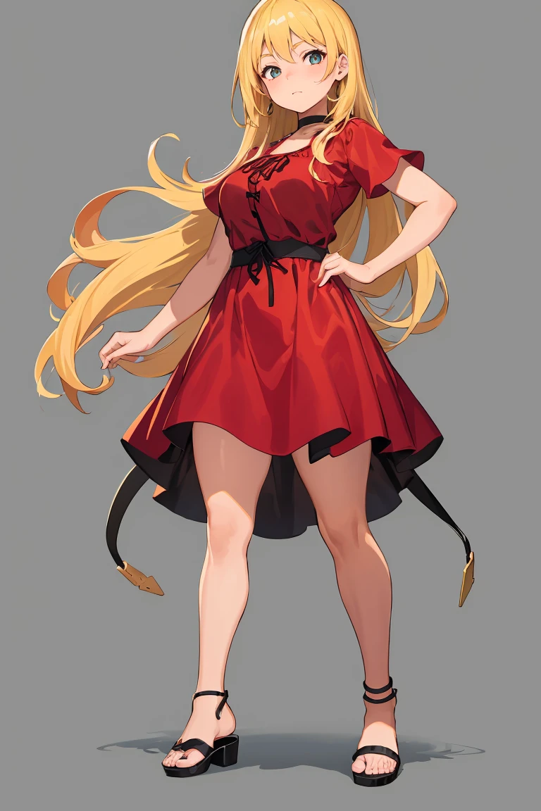 (best quality, masterpiece1.2), 1girl, looking at viewer, full body, standing, curvy, red dress, blonde, sandal, simple background, <lora:Squeezer:0.5>