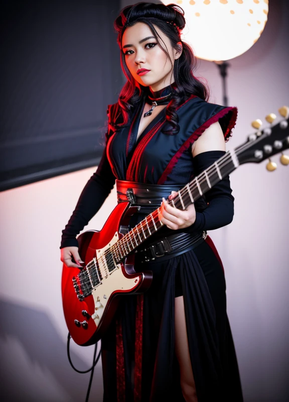 woman dressed in sithoutfit playing a guitar<lora:sithoutfitV1:0.7> ,RAW photo, 8k uhd, dslr, soft lighting, high quality, film grain, Fujifilm XT3,8k HD high definition detailed realistic, hyper detailed,higly detailed face,higly detailed hands
