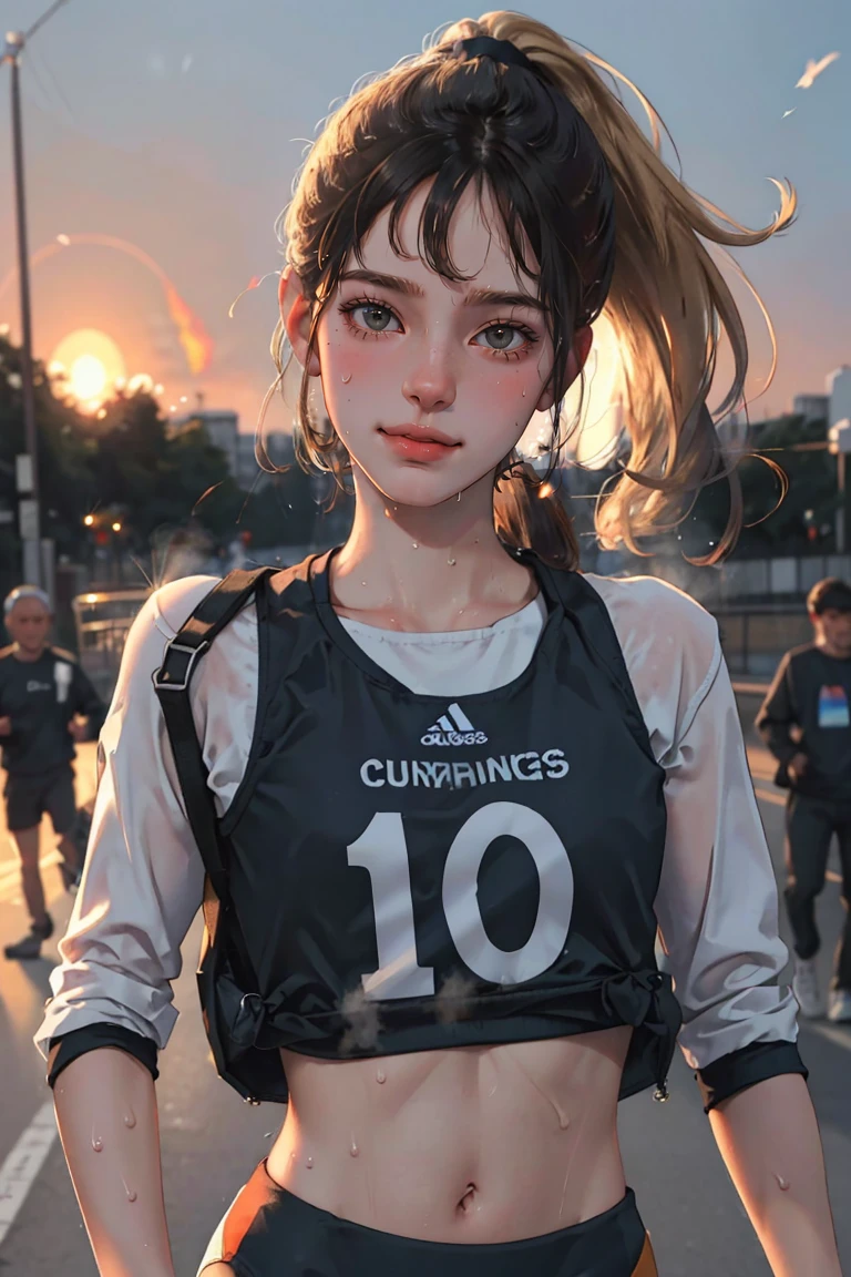 (best quality, masterpiece1.2), (detailed eye:1.2), intricate detail, (depth of field:1.3), 20 years old girl, (muscular:0.7), pale skin, athletics, (running:1.2), twisted torso, blonde, ponytail, head tilt, smile, happy, wavy hair, lens flare, backlight, (sweat:1.2), crop top, steaming body, wind, outdoor, park, sunset,