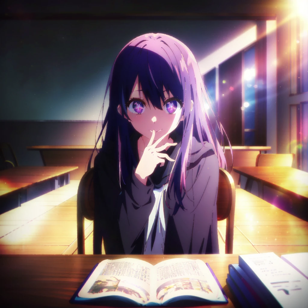 <lora:aiHoshinoLycorisOshiNoKo_v25:0.7>, ai hoshino, purple eyes, eyes, sunrise, hair blowing, torogao, magical school, chromatic aberration, looking at viewer, (solo:1.1), depth of field, cloak, cape, black cloak, wine glass, <lora:kyotoAnimation_v10:0.45>, Kyoto Animation screencap, anime screencap, table, sitting on a chair, class, ((holding book:1)),