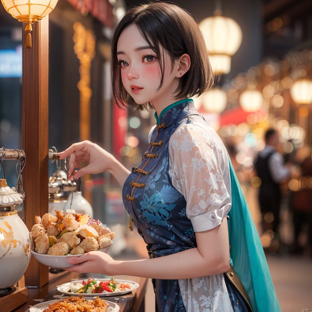 masterpiece, best quality,
1girl, blush, troubled,
very Short-haired, boyish girl, shy expression but enjoying, modernized china dress, lively cosplay cafe background, various costumed students, classroom decorations, festive atmosphere, vivid and bright colors reflecting the fun ambiance of the cultural festival,
detailed skin texture, detailed cloth texture, beautiful detailed face, intricate details, ultra detailed,
<lora:hipoly3DModelLora_v20:0.4:NCNF>,