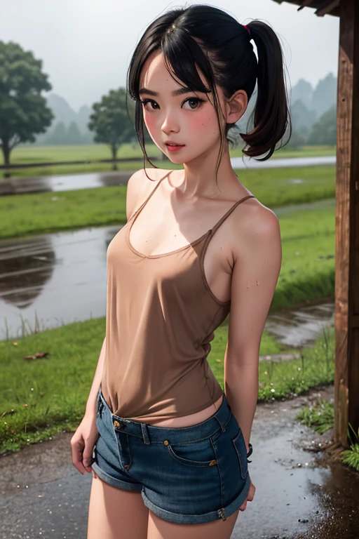 Original Character, Volumetric Lighting, Best Shadows, Shallow Depth of Field, Portrait Of Stunningly Beautiful Girl, Petite, Delicate Beautiful Attractive Face With Alluring Black Eyes, Sharp Eyebrows, Shyness, Blushing, Open Mouth, Lovely Small Breasts, Layered Short Brown Twintail Hair, Blush Eyeshadow, Thick Eyelashes, Soaking Wet Clothes And Hair, See-Through Tank Top, Open Navel, Straps Short Pants, Cloudy Rainy Sky, Standing At The Rural Village Bus Stop In The Pouring Rain, Village Gravel Road, Looking At Viewer, Puddle Water, Rainy Foggy Rustic Scenery, Squeeze Water From Clothes, (Highest Quality, Amazing Details:1.25), (Solo:1.3), Brilliant Colorful Paintings