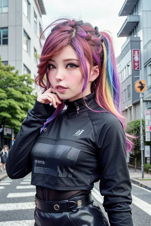 a woman wearing (techwear clothes, urban clothing:1.2), (face closeup:1.1), (colorful rainbow hair:1.2),  (8k, RAW photo, best quality, masterpiece:1.2), (realistic, photo-realistic:1.2), ultra-detailed, (high detailed skin:1.1), 8k uhd, dslr, soft lighting, high quality, film grain, Fujifilm XT3, professional lighting, photon mapping,  best quality, ultra high res, (photorealistic:1.1), (on a public street in japan:1.4), <lora:urbanSamuraiClothing_urbansamuraiV03:0.2> <lora:DI_belle_delphine_v1:1.0>