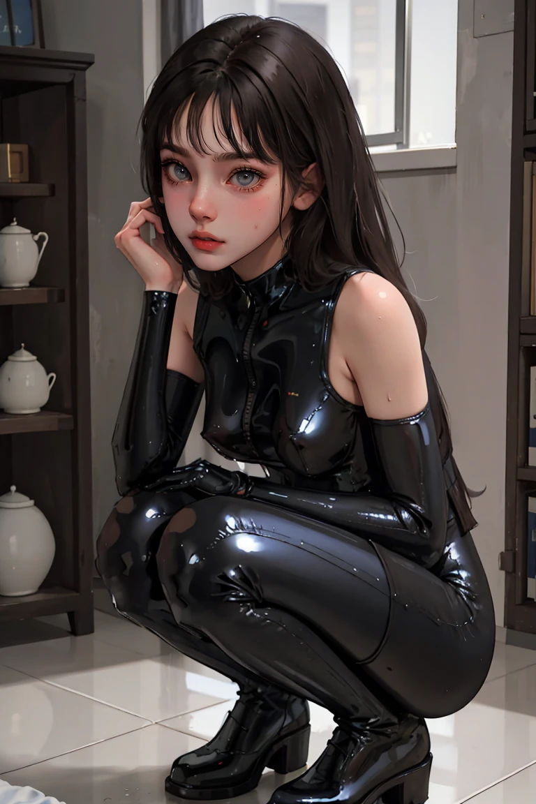 (best quality, masterpiece:1.2), detailed eyes, depth of field, 20 years old girl, sleeveless, sweat, latex bodysuit, squatting,