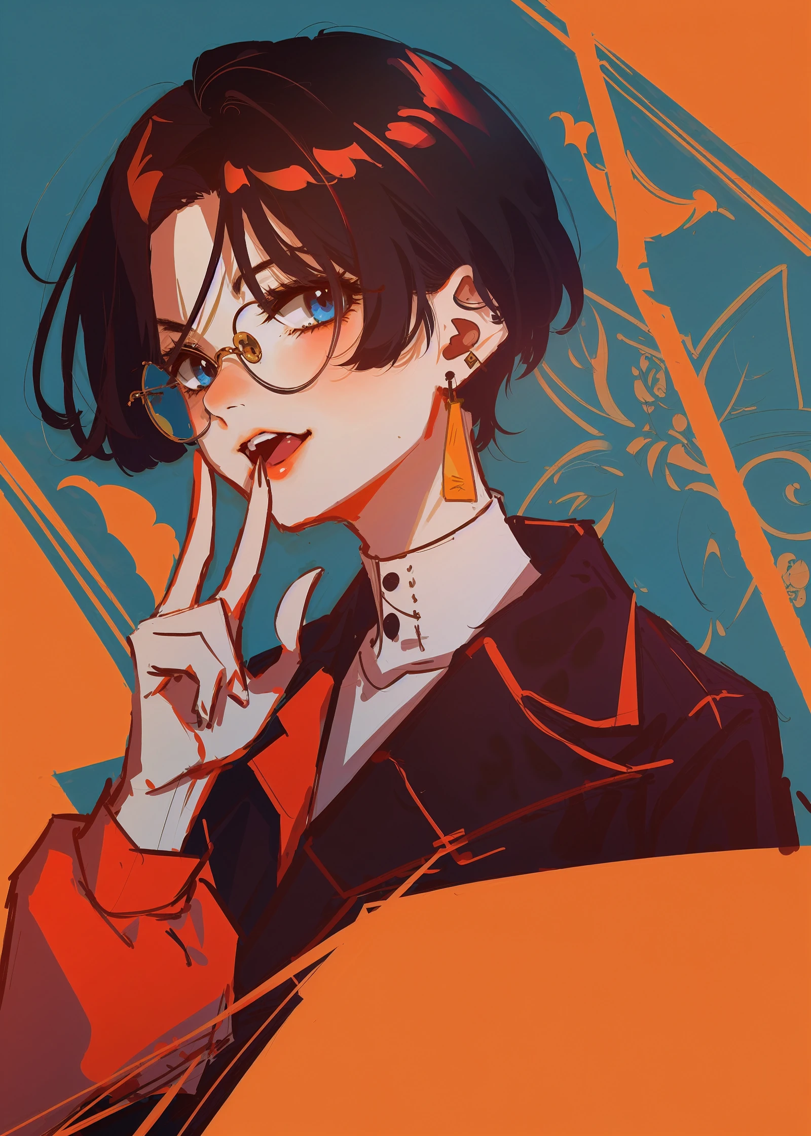 by rolua, 1girl, solo, glasses, earrings