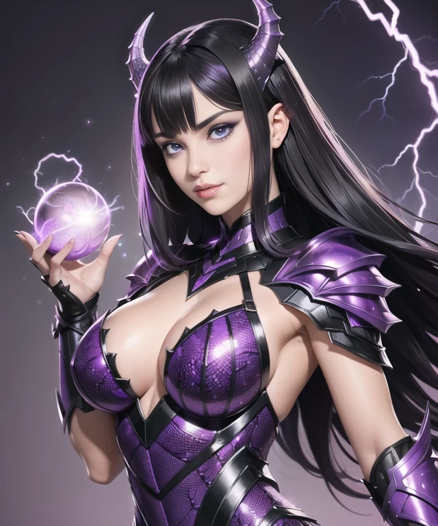 woman in her 20s, (perfect face), defined jawline, beautiful smile, (beautiful bright purple eyes), (purple detailed dragon scales on skin), (purple scaly dragon armor), (sexy), (long flowing black hair, straight bangs), 2 symmetrical short sharp gazelle horns on forehead, (perfect hands), (purple lightning aura), (dark thunderstorm background), (medium shot photograph), looking at viewer, photorealistic