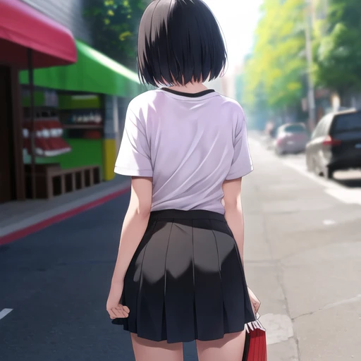 masterpiece, best quality, 1girl, T shirt, skirt, back, back focus, street, shopping, full body, <lora:qqq-back-v1:0.8>