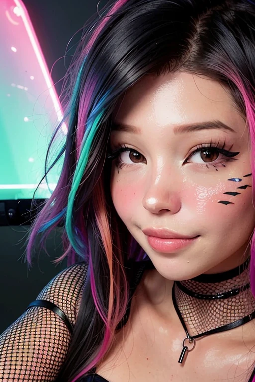 a woman (wearing a black fishnet crop top:1.2), (face closeup:1.3), (short rainbow hair:1.2), (short haircut:1.2), pink hair, (8k, RAW photo, best quality, masterpiece:1.2), (realistic, photo-realistic:1.2), ultra-detailed, (high detailed skin:1.2), 8k uhd, dslr, soft lighting, high quality, film grain, Fujifilm XT3, professional lighting, photon mapping, best quality, ultra high res, (photorealistic:1.1), (in a bedroom with neon lights:1.4), <lora:DI_belle_delphine_v1:1.0>
