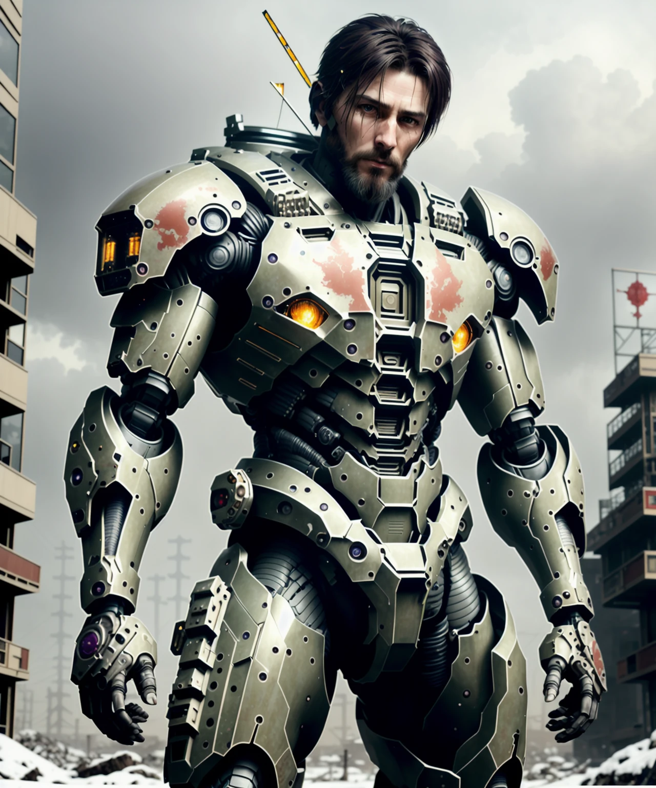 an award winning photograph of a masculine man, halo, cyberpunk robot, highly detailed, splashes of white and pale violet red, complex machine, soft bokeh Postapocalyptic wasteland background, art by mooncryptowow and playboy <lora:wowifierV2:0.52>