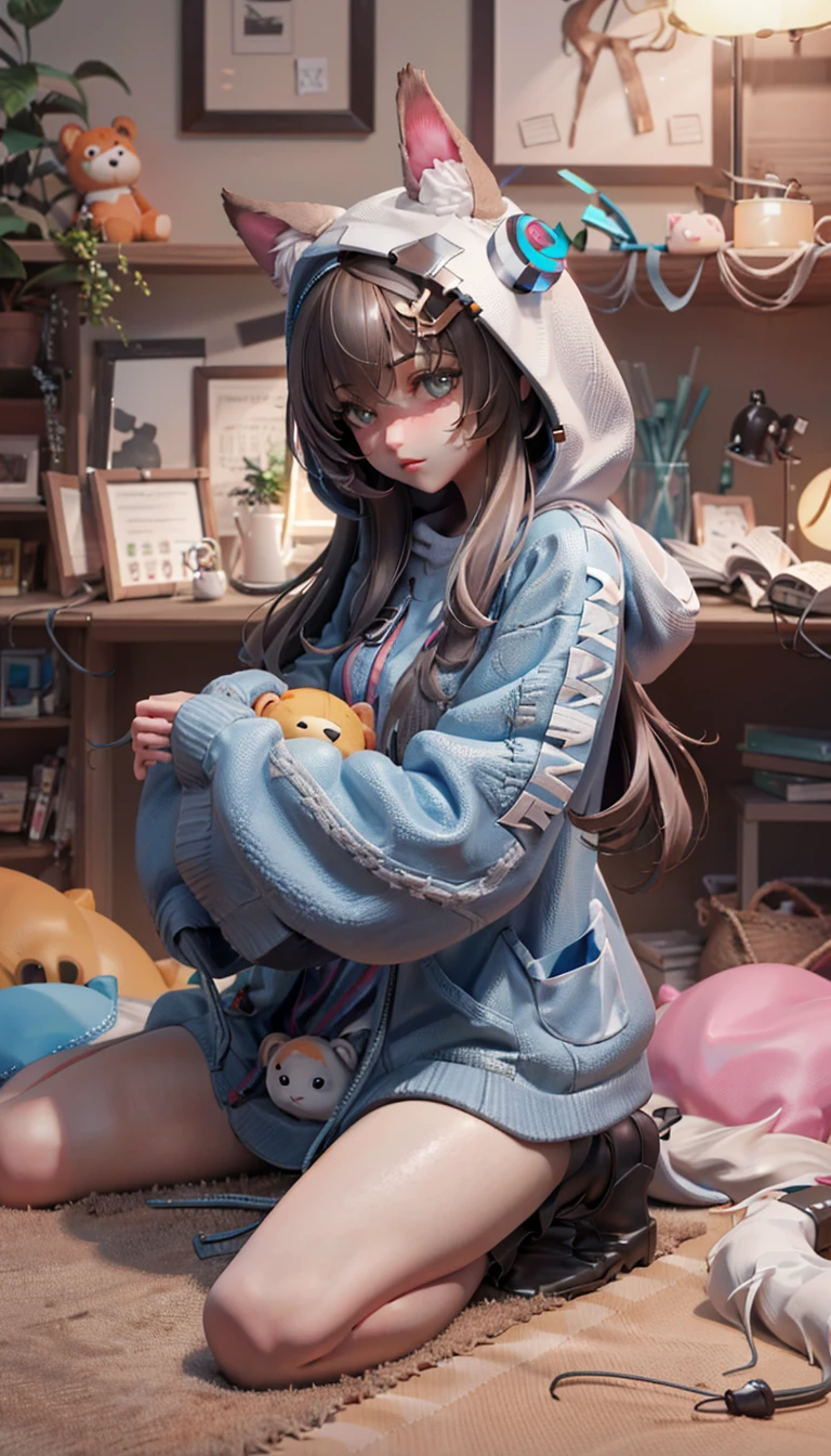 <lora:stylized3DModelLora_v30:0.8>,  hyper detailed 3d, 1girl, looking at viewer,  big hair, absurdly long hair,
sitting, full body,  clutter girl's lovely room, hugging stuffed animal,  fluffy hoodie with animal ears,
masterpiece, best quality, 8k, detailed skin texture, detailed cloth texture,  beautiful detailed face, intricate details, ultra detailed, zentangle, <lora:hipoly3DModelLora_v10:0.2:NCNF>, hiqcgbody,