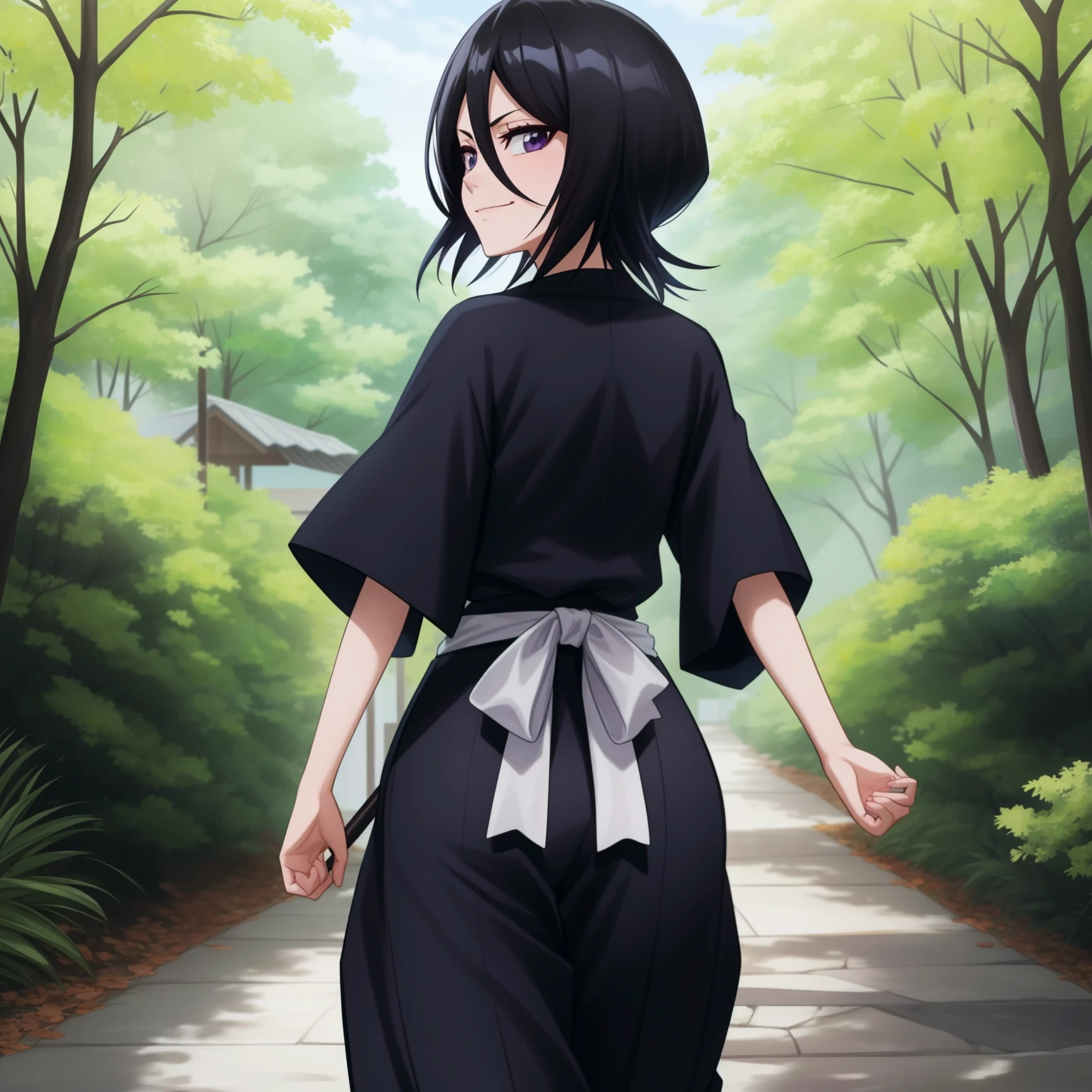 <lora:Rukia:1>,
,anime screencap, forest,path,
1girl, solo, short hair, black hair, purple eyes, japanese clothes, looking at viewer, black kimono, hair between eyes, cowboy shot, wide sleeves, hakama pants,white_sash,from behind,closed mouth, smirk,walking,looking back,