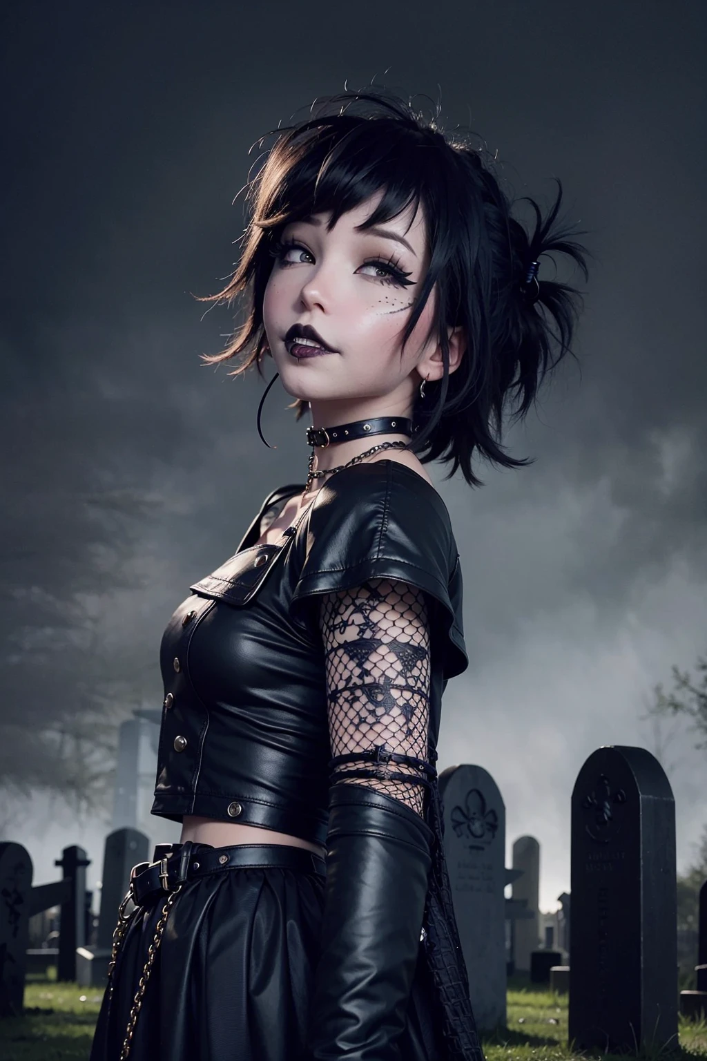 (black lipstick:1.4), a woman wearing a (goth outfit:1.3), (black heavy makeup:1.3), (goth punk:1.3), black choker, (raven black hair:1.1),  (8k, RAW photo, best quality, masterpiece:1.2), (realistic, photo-realistic:1.2), ultra-detailed, (high detailed skin:1.1), 8k uhd, dslr, soft lighting, high quality, film grain, Fujifilm XT3, professional lighting, photon mapping,  best quality, ultra high res, (photorealistic:1.1), (on a dark foggy graveyard:1.2) <lora:DI_belle_delphine_v1:1.0>